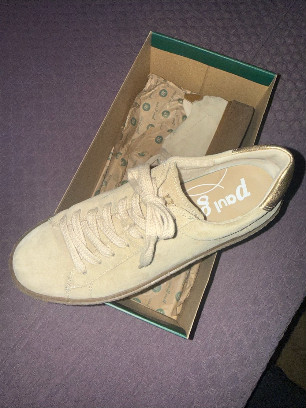 Paul Green Sage sneaker in Cream Suede Sneakers with Gold Heel Accent worn once